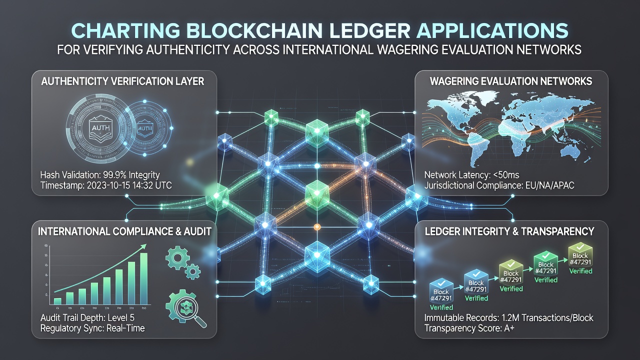 Visualization of blockchain ledger applications tracking authenticity in global wagering evaluation networks