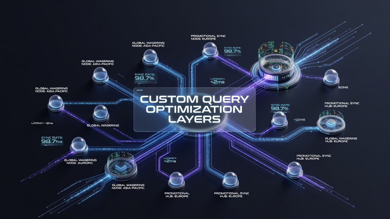 Database query optimization layers visualized in a global wagering network dashboard showing promotional data flows