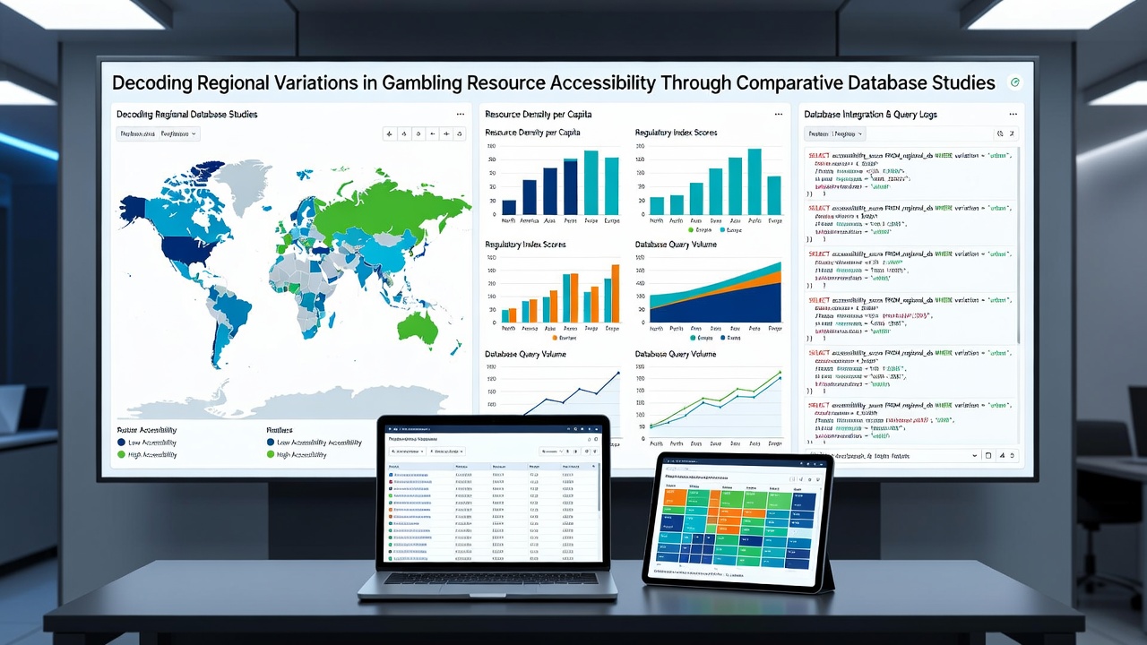 Comparative charts illustrating gambling resource accessibility metrics by region and database source