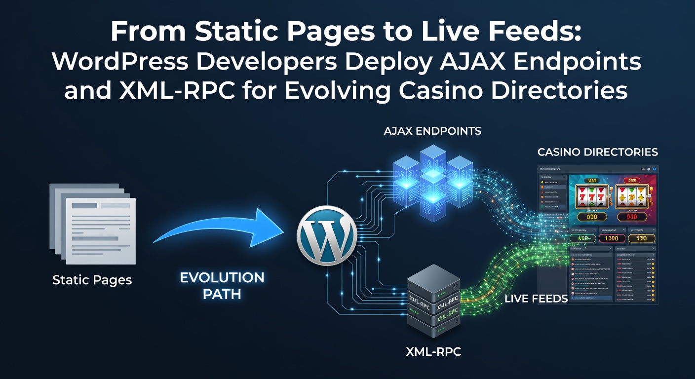 WordPress developer configuring AJAX endpoints in a casino directory dashboard, showing dynamic data feeds in action