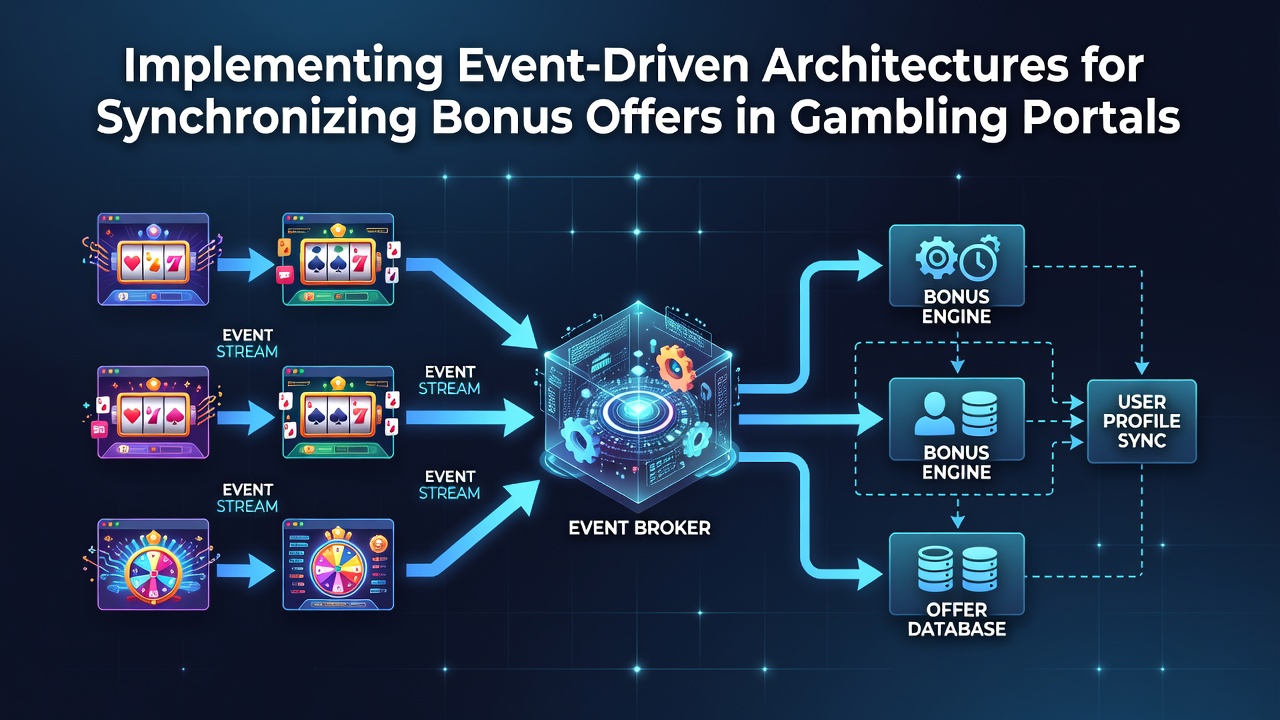 Diagram showing event-driven data flow between gambling portal components for real-time bonus synchronization