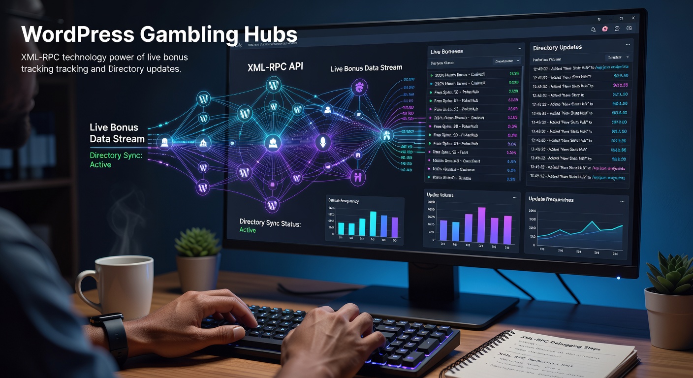 Diagram illustrating XML-RPC connections between WordPress gambling hubs and external casino data feeds for real-time bonus updates