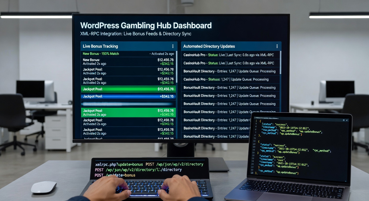 Screenshot of a WordPress dashboard showing XML-RPC logs for bonus updates and casino directory synchronization in a live gambling hub